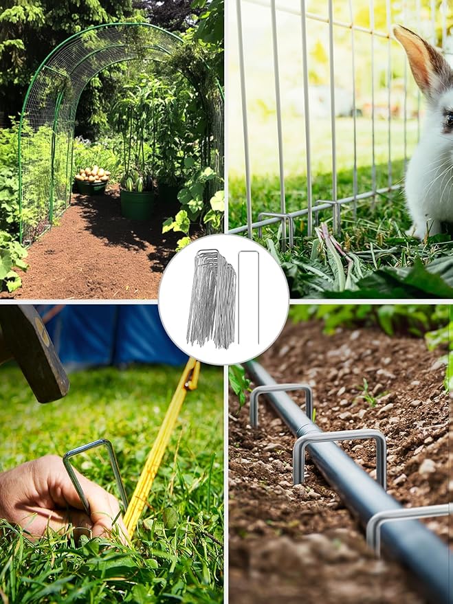GROWNEER 4 Inch 100 Pack Landscape Staples Heavy Duty 11 Gauge Galvanized Steel Garden Stakes Staples Securing Pegs for Securing Weed Fabric Landscape Fabric Netting Ground Sheets and Fleece