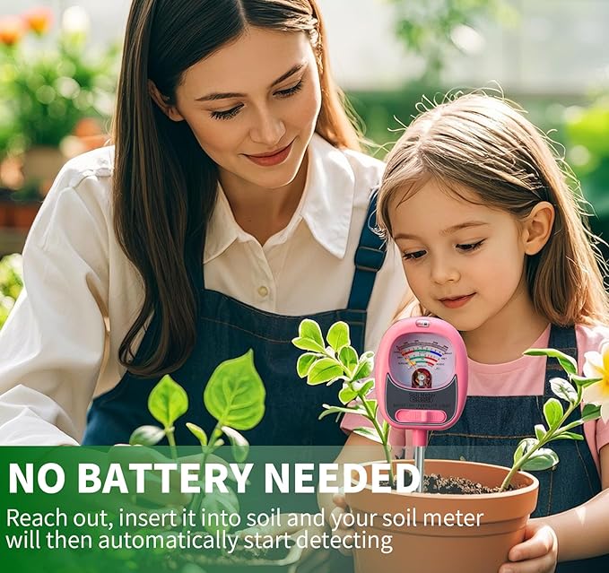HSLGOVE 4-in-1 Soil Test Kit – Soil Moisture Meter, pH, Fertility & Sun-Light, No Battery Required, Large Dial Soil Tester for Indoor & Outdoor Gardening, Lawn, Farm – MilkPink