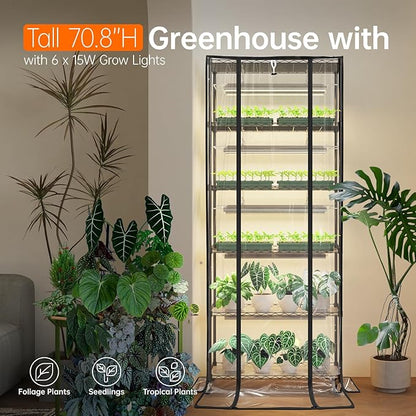 Bstrip 71" Indoor Greenhouse with Grow Light, 6-Tier DIY Plant Shelf with Adjustable Rack and Wheels, 8-Pack 192W Full Spectrum LED Plant Light for Indoor Plants, Seed Starting, (29.5" L x 13.8" W)