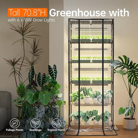 Bstrip 71" Indoor Greenhouse with Grow Light, 6-Tier DIY Plant Shelf with Adjustable Rack and Wheels, 8-Pack 192W Full Spectrum LED Plant Light for Indoor Plants, Seed Starting, (29.5" L x 13.8" W)
