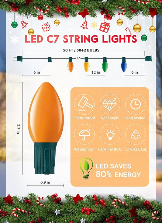 Multicolor C7 LED Christmas Lights Outdoor, 50FT Colorful Christmas String Lights with 50+2 Plastic Bulbs, Traditional Hanging Holiday Lights for Christmas Tree Patio Fence Roofline Xmas Decorations