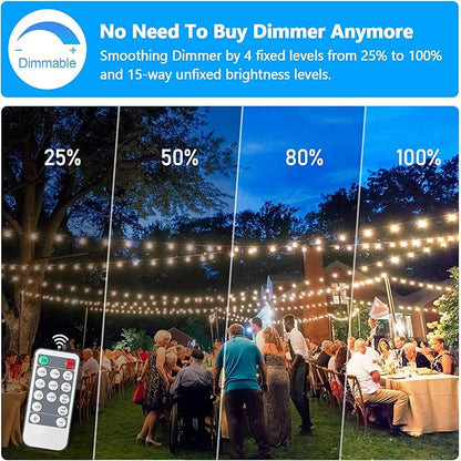 3 Color Dimmable LED Outdoor String Lights with Remotes, 48FT Waterproof Patio Hanging Lights with Shatterproof E26 S14 LED Bulbs for Bistro Cafe Pergola Party, Warm White/Nature White/Daylight White