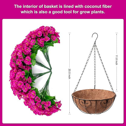 Artificial Hanging Flower Plants with Basket for Outdoor Decoration, Faux Petunias Flowers Fake Morning Glory Planter for Outside Patio Garden Porch Balcony Yard Decor(Fuchsia)