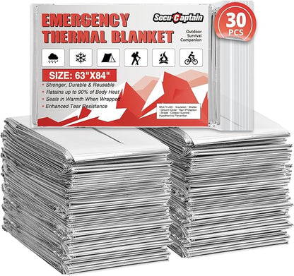 SecuCaptain Survival Emergency Thermal Blankets: 30 Pack Extra Large 84” x63” Space Mylar Blanket Kit for Outdoor Cold Winter Camping Hiking Car Bug Out Bag or First Aid
