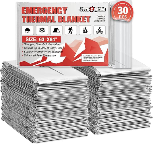 SecuCaptain Survival Emergency Thermal Blankets: 30 Pack Extra Large 84” x63” Space Mylar Blanket Kit for Outdoor Cold Winter Camping Hiking Car Bug Out Bag or First Aid