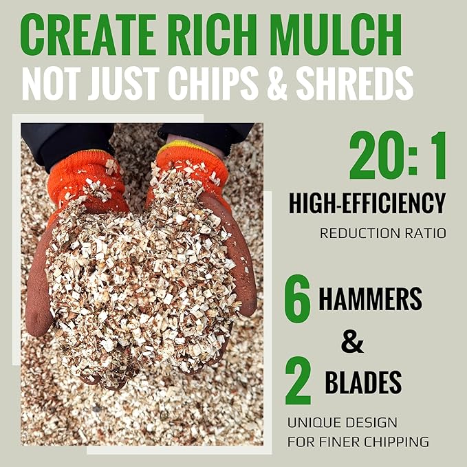 S1 Wood Chipper, 20: 1 High Reduction Ratio, 7 HP 212cc Heavy Duty Engine Gas Powered, 3" Max Wood Diameter Capacity, Robust Shredder Mulcher with Large Cutting Rotor