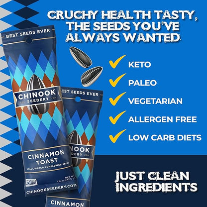Chinook Seedery Low Sodium Sunflower Seeds – Cinnamon Toast Flavor, Pack of 36, 1.5oz – Sunflower Seeds to Eat – Keto, Jumbo, Roasted, Baseball Snacks