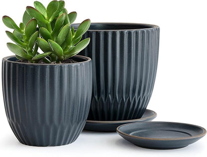 D'vine Dev Set of 2 Stoneware Planter Pot, Ceramic Pot with Drainage Hole and Saucers, 4.5 Inch 5.8 Inch, Charcoal Grey, 99-D-3
