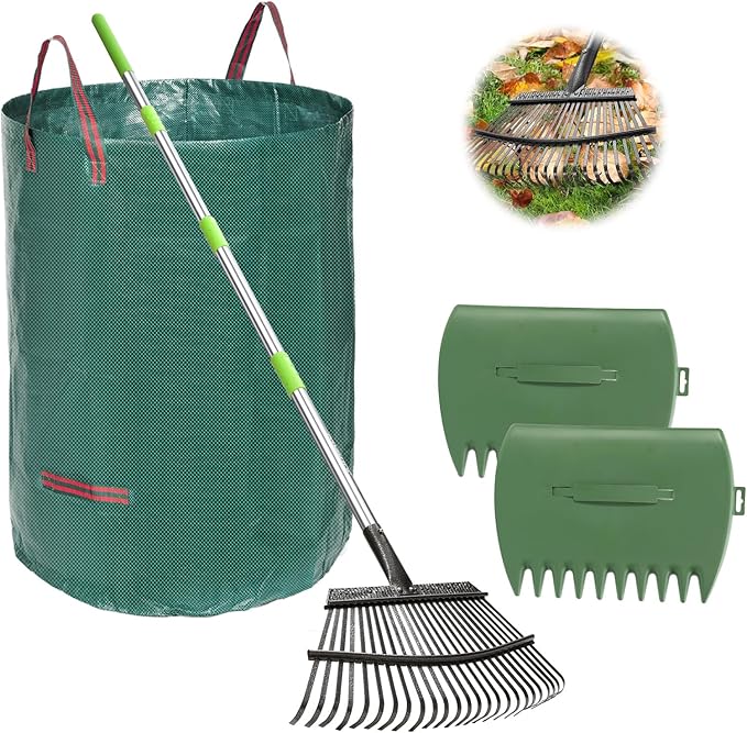 JOYHALO 65 Inch Rake for Leaves, 25 Tines Metal Leaf Rake Set with 32 Gallon Leaf Bags Scoops, Garden Rakes 18in Wide, Rakes for Gardening Lawns Yard Outdoor Camping Shrub Grass Bush