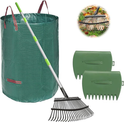 JOYHALO 65 Inch Rake for Leaves, 25 Tines Metal Leaf Rake Set with 32 Gallon Leaf Bags Scoops, Garden Rakes 18in Wide, Rakes for Gardening Lawns Yard Outdoor Camping Shrub Grass Bush