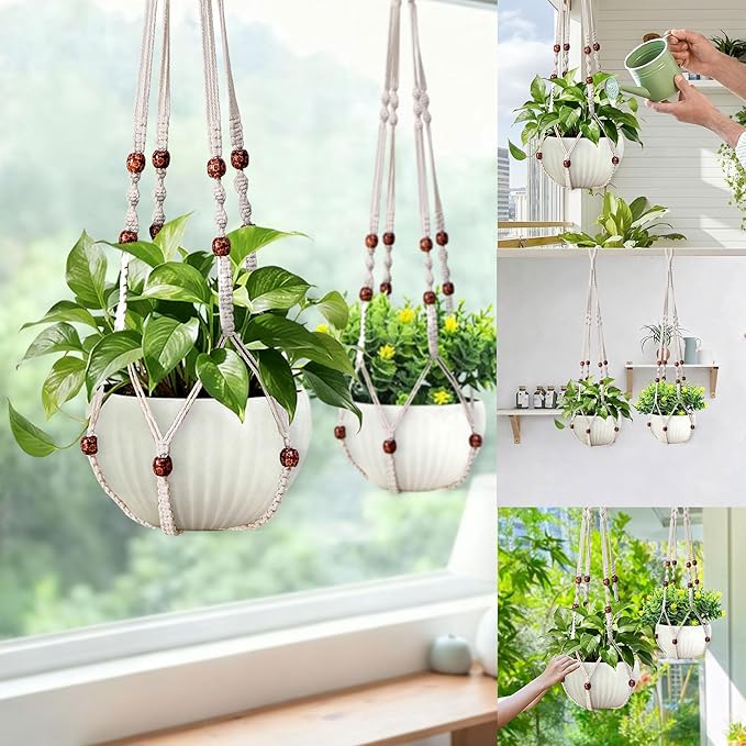 35 Inch Macrame Plant Hanger, Hanging Planter Basket with Wood Beads, Decorative Flower Pot Holder for Indoor Outdoor Boho Home Decor, Set of 2 (Ivory)