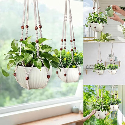 35 Inch Macrame Plant Hanger, Hanging Planter Basket with Wood Beads, Decorative Flower Pot Holder for Indoor Outdoor Boho Home Decor, Set of 2 (Ivory)