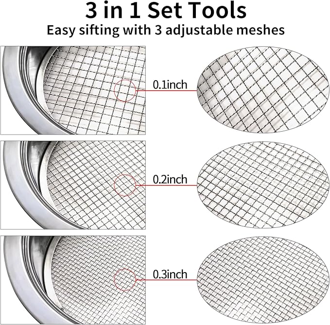 Soil Dirt Sifter for Gardening with 3pcs Interchangeable Mesh(3,6,9mm), Stainless Stackable Sifting Pan Soil Sand Rock Sieve for Dirt, Sand, Rock, Filtration, Compost with Soil Scoops (silver2)