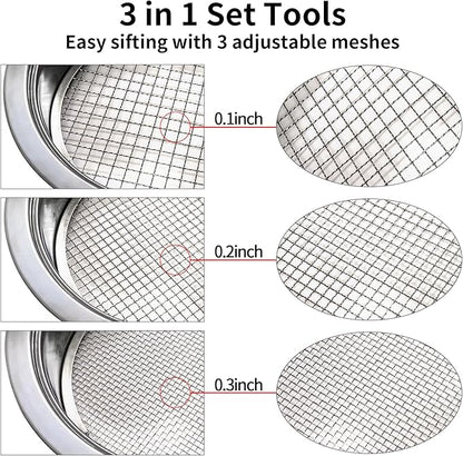 Soil Dirt Sifter for Gardening with 3pcs Interchangeable Mesh(3,6,9mm), Stainless Stackable Sifting Pan Soil Sand Rock Sieve for Dirt, Sand, Rock, Filtration, Compost with Soil Scoops (silver2)