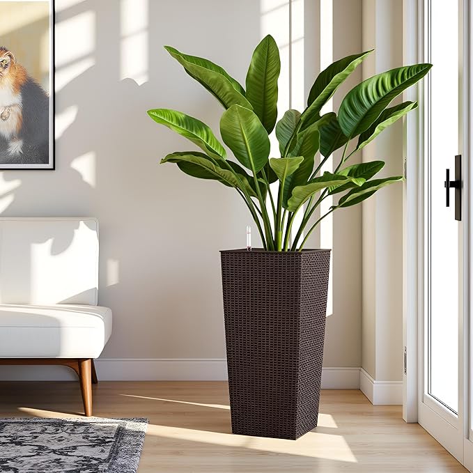 30in Tall Planter, Self Watering Pots for Indoor/Outdoor Plants with Drain Holes, Water Level Monitor, Inner Bucket for Front Porch Patio, Brown Large(1 Set)