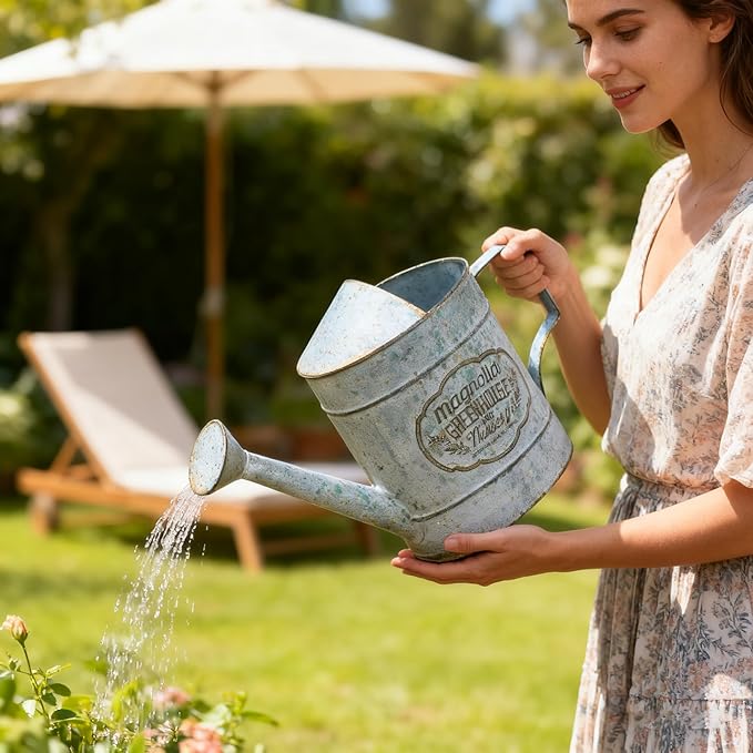 Vintage Metal Watering Can with Magnolia Greenhouse & Nursery Design Garden Decorative Watering Pot Farmhouse Waterer for Home Indoor Outdoor Garden Balcony Courtyard (Gray)