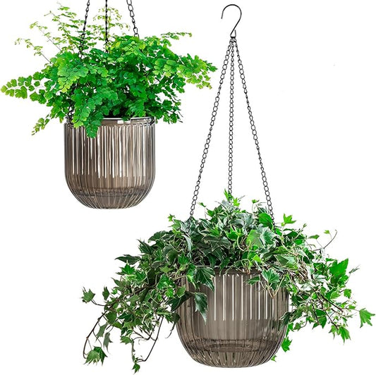 Melphoe 2 Pack Self Watering Hanging Planters Indoor Flower Pots, 5.3/8.3 Inch Outdoor Hanging Basket, Plant Hanger with 3Hooks Drainage Holes for Garden Home (Gray)