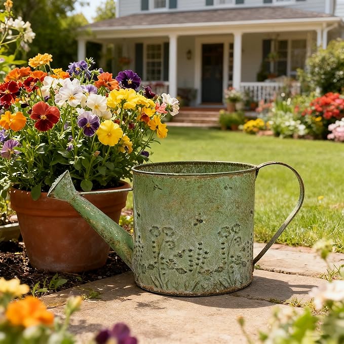 Vintage Metal Watering Can Planter with Embossed Floral - Distressed Green Decorative Watering Pot for Indoor/Outdoor Flowers, Succulents & Herbs, Rustic Home Decor Accent