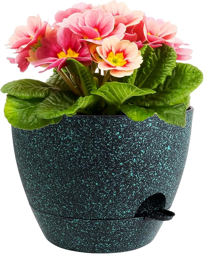 12 inch Large Self Watering Pots for Indoor Outdoor Plants, Flower Plant Pots with Mesh Drainage Holes for Garden House Plants, Plastic Planters for Home, Black with Green Speckles