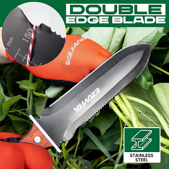 Hori Hori Garden Knife, Gardening Tools with Leather Sheath for Weeding, Gardening, Digging, 7” Stainless Steel Blade with Black Electrophoresis Coating, Double Cutting Edge, Full Tang Wood Handle with Hanging Hole