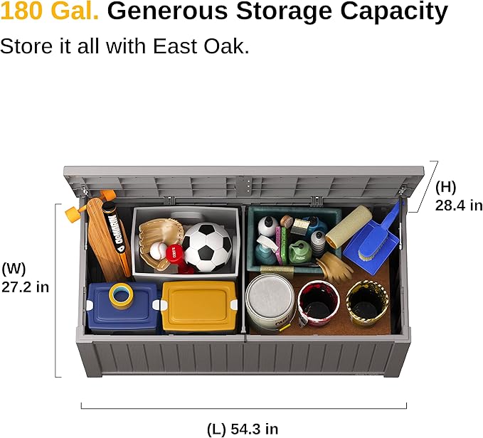 EAST OAK Outdoor Storage Box, 180 Gallon Deck Box, Large Resin Storage Bin for Patio Cushions & Gardening Tools, Lockable, Waterproof, UV Resistant, Grey
