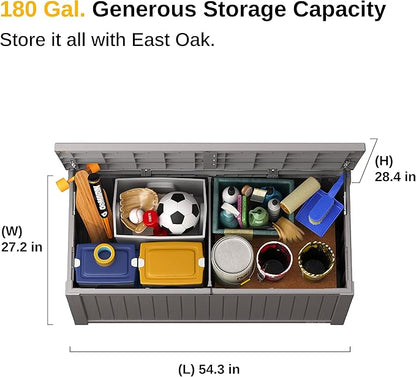 EAST OAK Outdoor Storage Box, 180 Gallon Deck Box, Large Resin Storage Bin for Patio Cushions & Gardening Tools, Lockable, Waterproof, UV Resistant, Grey