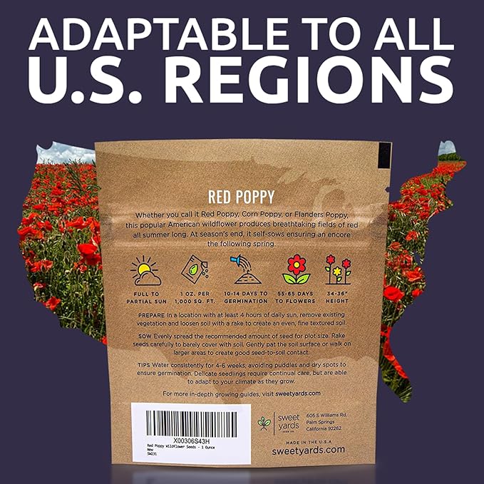 Red Poppy Seeds - Large 1 Ounce Packet - Over 200,000 Flower Seeds