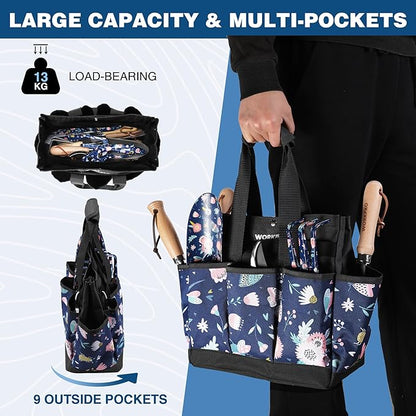 WORKPRO Garden Tool Bag, 9-Pocket Heavy Duty Oxford Tote Bag, Gardening Tool Kit Holder, 12" x 12" x 6" (Blue Insects)