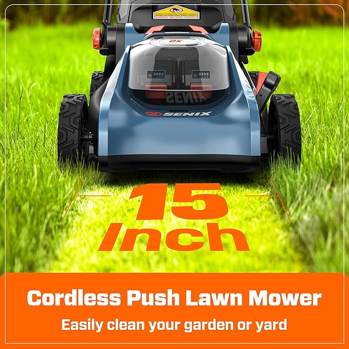 SENIX 40V 15'' Cordless Lawn Mower - 1.3 Bushels Grass Bag, (2) 4Ah Batteries & 3.0A Charger Included