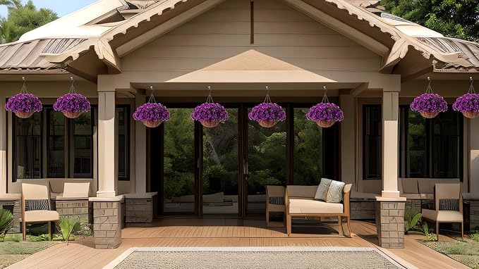 Artificial Hanging Flower Plants with Basket for Spring Summer Outdoor Decoration, Faux Petunias Flowers Fake Morning Glory Planter for Outside Patio Garden Porch Balcony Yard Decor(Lotus)