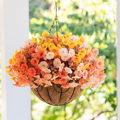 Artificial Fake Hanging Flowers with Basket for Fall Decoration, 12 Bundles Faux Silk Morning Glory Plants for Outdoor Planters, Realistic UV Resistant Artificial Flowers for Outside Porch Garden