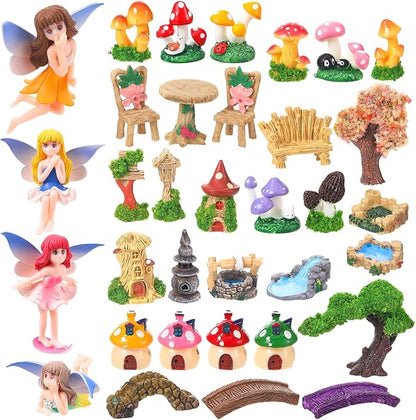 32 Pcs Fairy Garden Accessories Mini Fairy Figures Miniature Table and Chairs Bridge Mushroom Lighthouse Water Well Pond Landscape Ornaments Kit for DIY Garden Potted Desk Decor