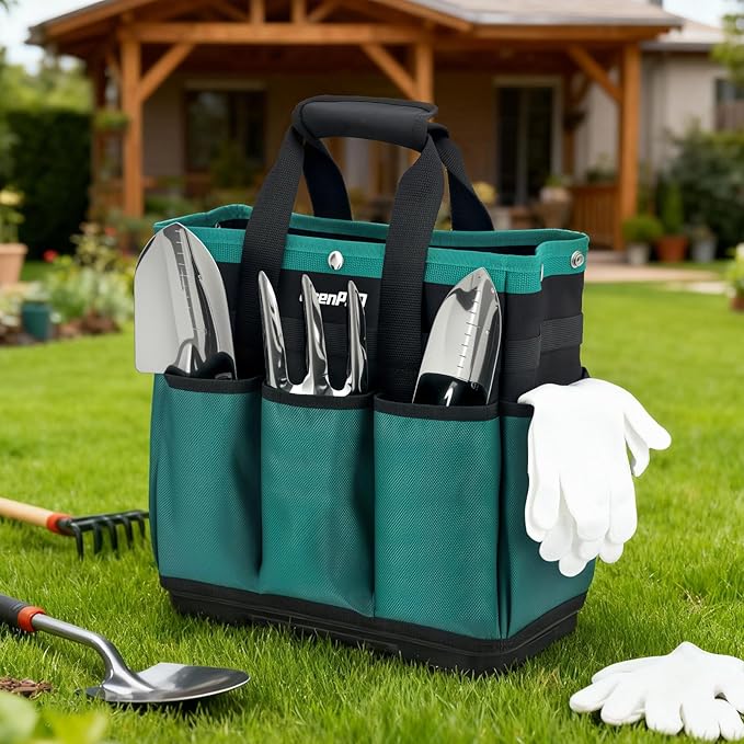 Garden Tool Bag Molded Bottom, Heavy Duty Tool Tote Toolbox with 10 Pockets, Reinforced & Top Snap Closure for Gardening Tools Storage, Dark Green(Tools Not Included)