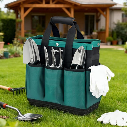 Garden Tool Bag Molded Bottom, Heavy Duty Tool Tote Toolbox with 10 Pockets, Reinforced & Top Snap Closure for Gardening Tools Storage, Dark Green(Tools Not Included)