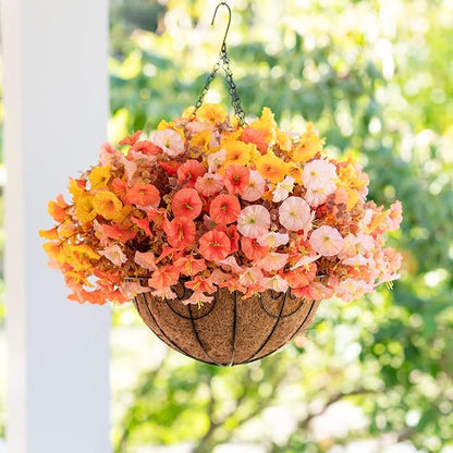 Artificial Fake Hanging Flowers with Basket for Fall Decoration, 12 Bundles Faux Silk Morning Glory Plants for Outdoor Planters, Realistic UV Resistant Artificial Flowers for Outside Porch Garden