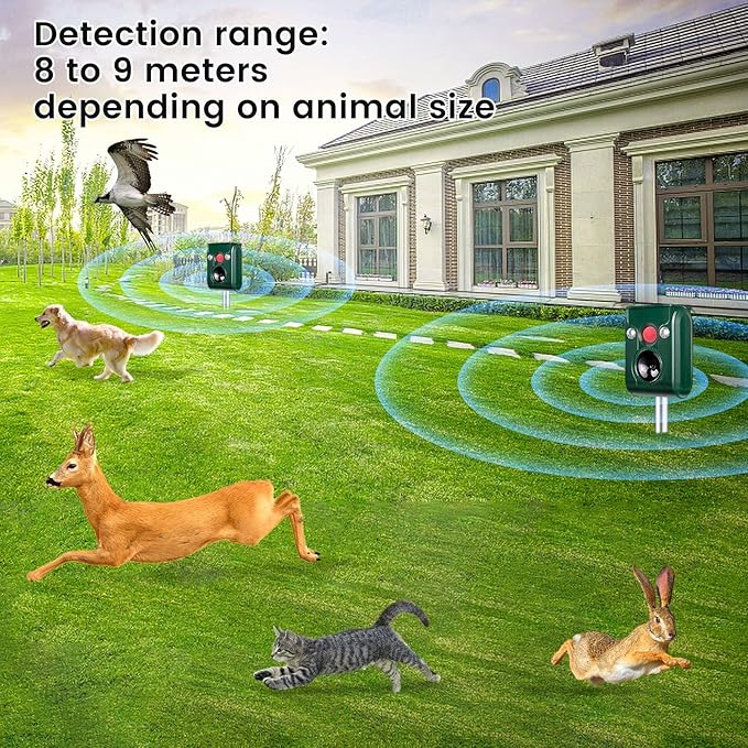 FAYINWBO Latest in 2022 Outdoor Ultrasonic Animal Repeller. Solar Animal Repellent.with Flashing LED Lights, Siren Expelled Cats, Dogs, Rac Green