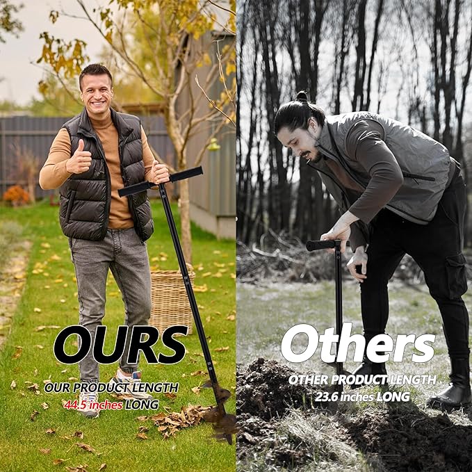 2 in 1 Hand Auger Spiral Drill for Planting, 4 X 44.5inch Post Hole Digger Manual Auger for Fence Posts, Sand, Bulb, Seedlings, Tree, Mail Box, Manual Garden Spiral Hole Digging Drill with Non-Slip.