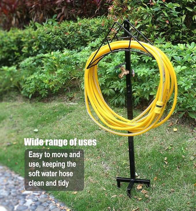 Outdoor Hose Holder Stand with Brass Spigot Faucet - Freestanding Metal Water Pipe Extension Hanger Stake Heavy Duty Storage Organizer for Garden Lawn, Backyard