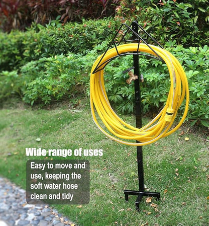 Outdoor Hose Holder Stand with Brass Spigot Faucet - Freestanding Metal Water Pipe Extension Hanger Stake Heavy Duty Storage Organizer for Garden Lawn, Backyard