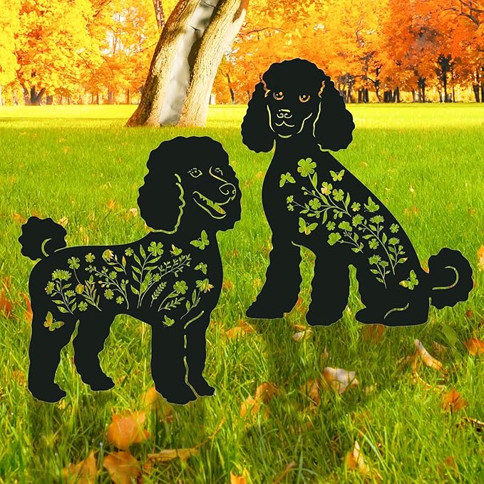 Poodle Metal Garden Stakes Yard Decor, 2PCS Black Poodle Dog Silhouette Statues Garden Decorative Gifts for Yard Art, Patio, Outside, Lawn Ornaments, Christmas, Backyard, Pathway