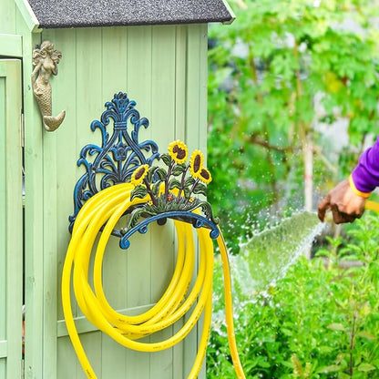 Sungmor Cast Iron Heavy Duty Garden Hose Holder - Decorative Hand-Painted Sunflower Wall Mounted Water Hose Hanger - Wall Decoration Hanging Hose Rack - Hose Reel Storage Butler - Metal Hose Stand