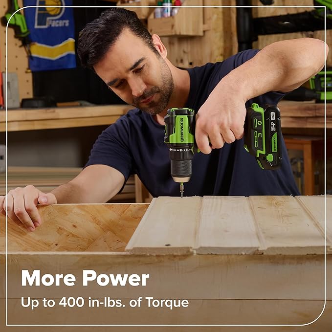 GREENWORKS 24V 1/2" Brushless Cordless Drill (400 In-lbs.), 2.0Ah (12,000mAh Power Bank) USB-C Batteries, 3.3 FT Braided Cable, 30W Charger