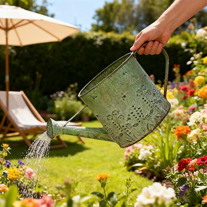 Vintage Metal Watering Can with Floral Embossed Design Garden Distressed Green Decorative Watering Pot Planter Rustic Farmhouse Waterer for Home Indoor Outdoor Garden Balcony Courtyard (Green)