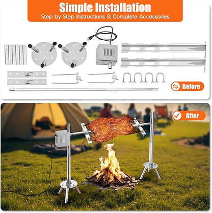 Jocisland Electric BBQ Rotisserie Grill Kit, 46" 132 Lbs Capacity, 45W Motor, Height-Adjustable Stainless Steel Pig Roaster with Triangular Stability Support Stand for Pig Lamb