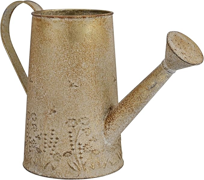 Vintage Distressed Gold Flower & Garden Watering Can, Decorative Metal Watering Pot Planter for Home Patio Backyard Outdoor Plant Care, Rustic Farmhouse Home Decor Accent