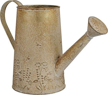 Vintage Distressed Gold Flower & Garden Watering Can, Decorative Metal Watering Pot Planter for Home Patio Backyard Outdoor Plant Care, Rustic Farmhouse Home Decor Accent