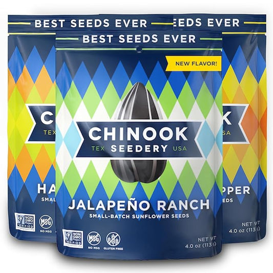 Chinook Seedery Roasted Sunflower Seeds - Jumbo Seeds Keto Snacks - Best For Snack Packs - Gluten Free, Non GMO Snack Food Gifts - 4 Ounce (Pack of 3) - Bring the Heat Variety Pack
