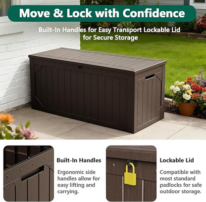 100 Gallon Outdoor Storage Box, Waterproof Resin Deck Box Organizer for Patio Cushion Storage, Lockable Outside Container for Garden Tools