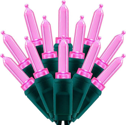 100 Pink One-Piece LED Christmas Lights, 33 ft Green Cord High Waterproof UL Certified T5 Outdoor String Lights (Pink)