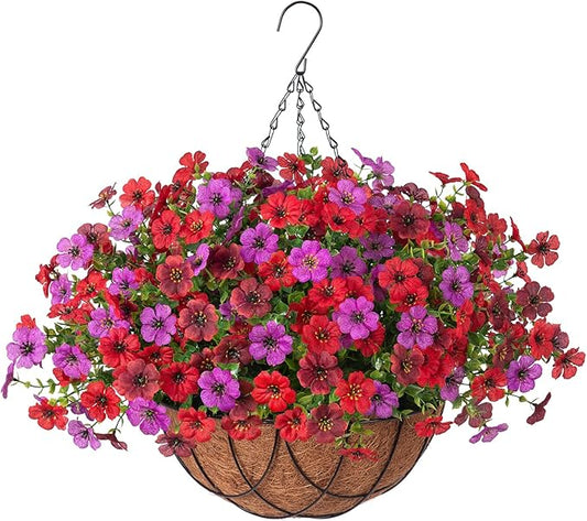 Artificial Silk Flowers Hanging Baskets Outdoors Indoors, Daisy with Eucalyptus Leaves Arrangement for Garden Yard Spring Summer Decor Faux Green Plant Metal Coconut Lining (Red Purple Red Brown)